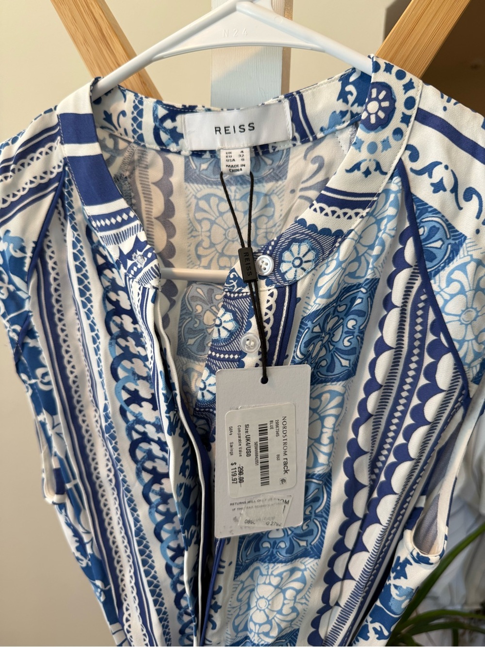 REISS Blue and White Printed Sleeveless Dress - Picture 2 of 5
